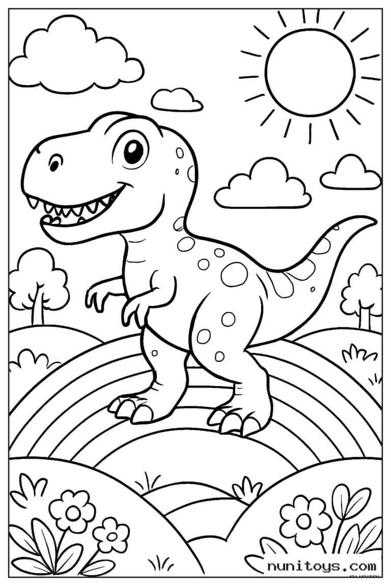 Coloriage T-Rex debout sur un arc-en-ciel parmi les fleurs