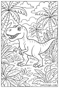 Coloriage T-Rex marchant au milieu d’une jungle tropicale