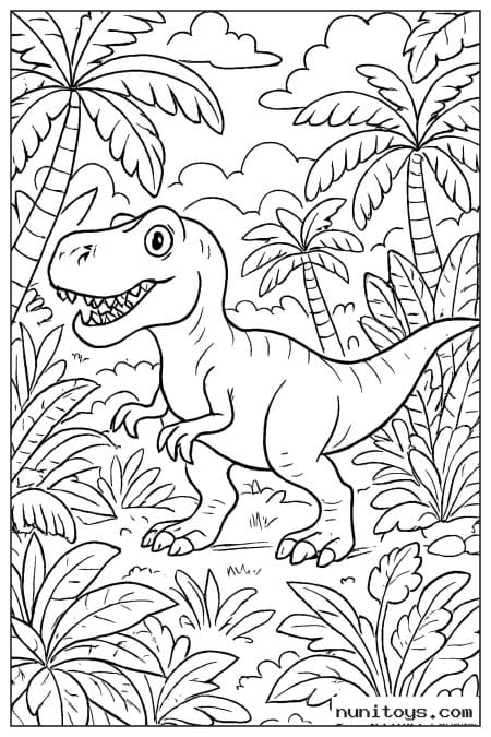 Coloriage T-Rex marchant au milieu d’une jungle tropicale