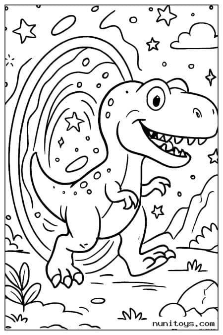 Coloriage T-Rex devant un portail spatial rempli d’étoiles