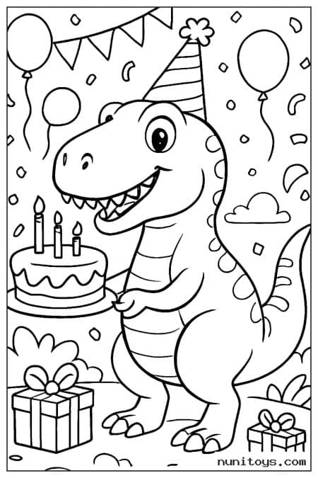 Coloriage T-Rex fêtant son anniversaire avec gâteau et ballons