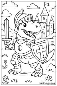 Coloriage T-Rex chevalier avec épée et bouclier devant château