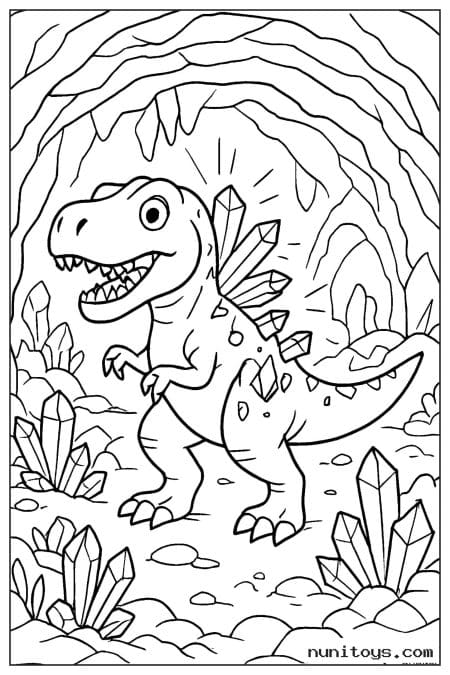 Coloriage T-Rex couvert de cristaux dans une grotte fantastique