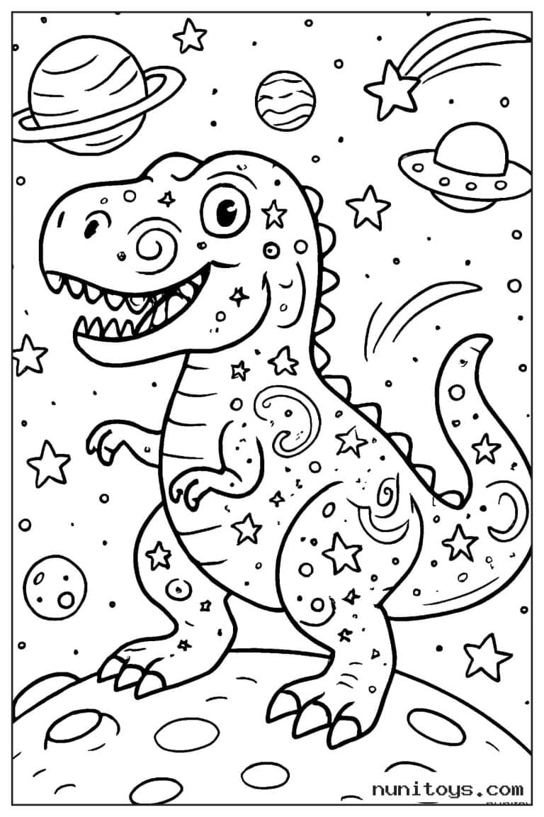 Coloriage T-Rex spatial décoré d’étoiles et de spirales