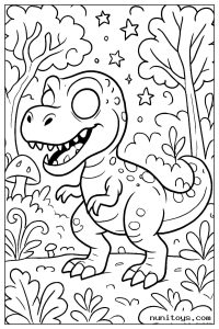 Coloriage T-Rex fantastique parmi étoiles, arbres et champignons
