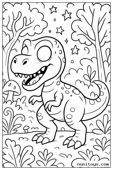 Coloriage T-Rex fantastique parmi étoiles, arbres et champignons