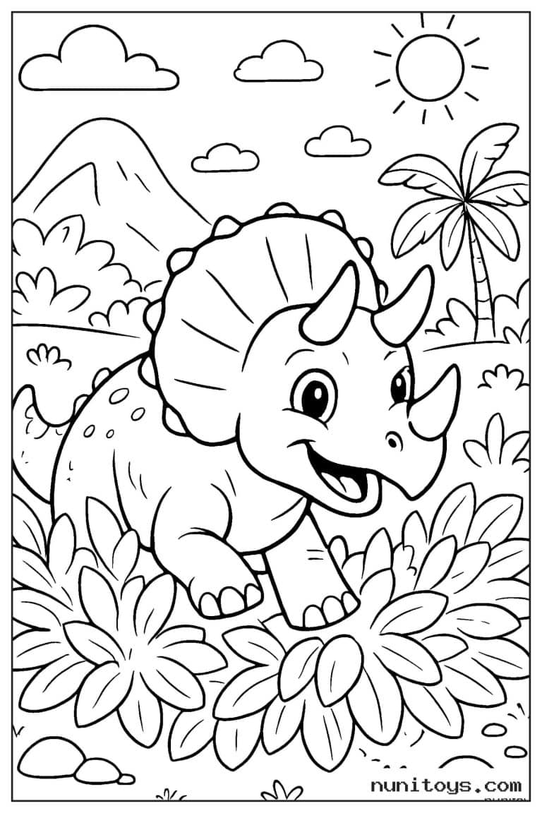 Coloriage tricératops au milieu de grandes fleurs tropicales