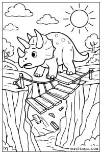 Coloriage tricératops traversant un pont suspendu au-dessus d’un canyon