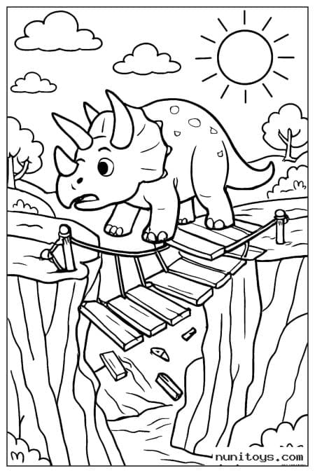 Coloriage tricératops traversant un pont suspendu au-dessus d’un canyon