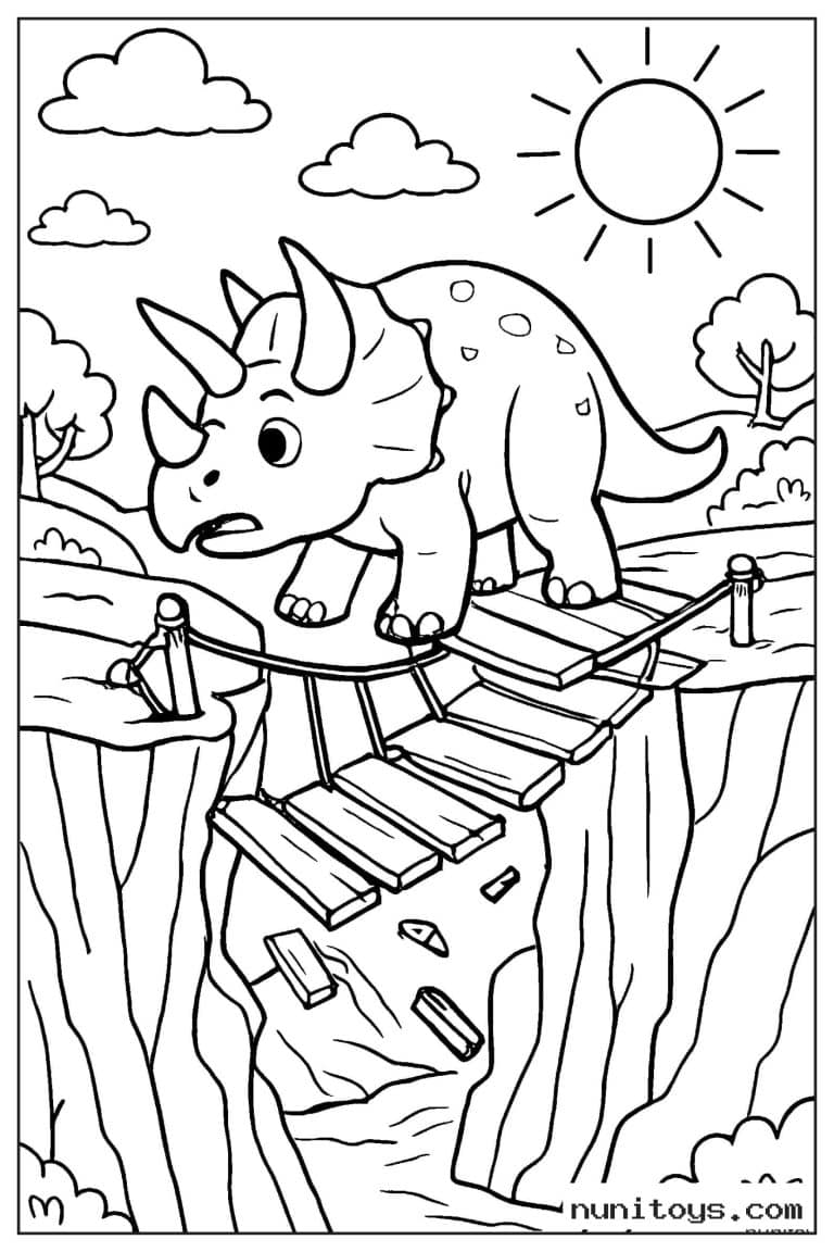 Coloriage tricératops traversant un pont suspendu au-dessus d’un canyon