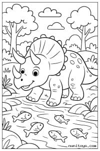 Coloriage tricératops marchant près d’un ruisseau avec des poissons