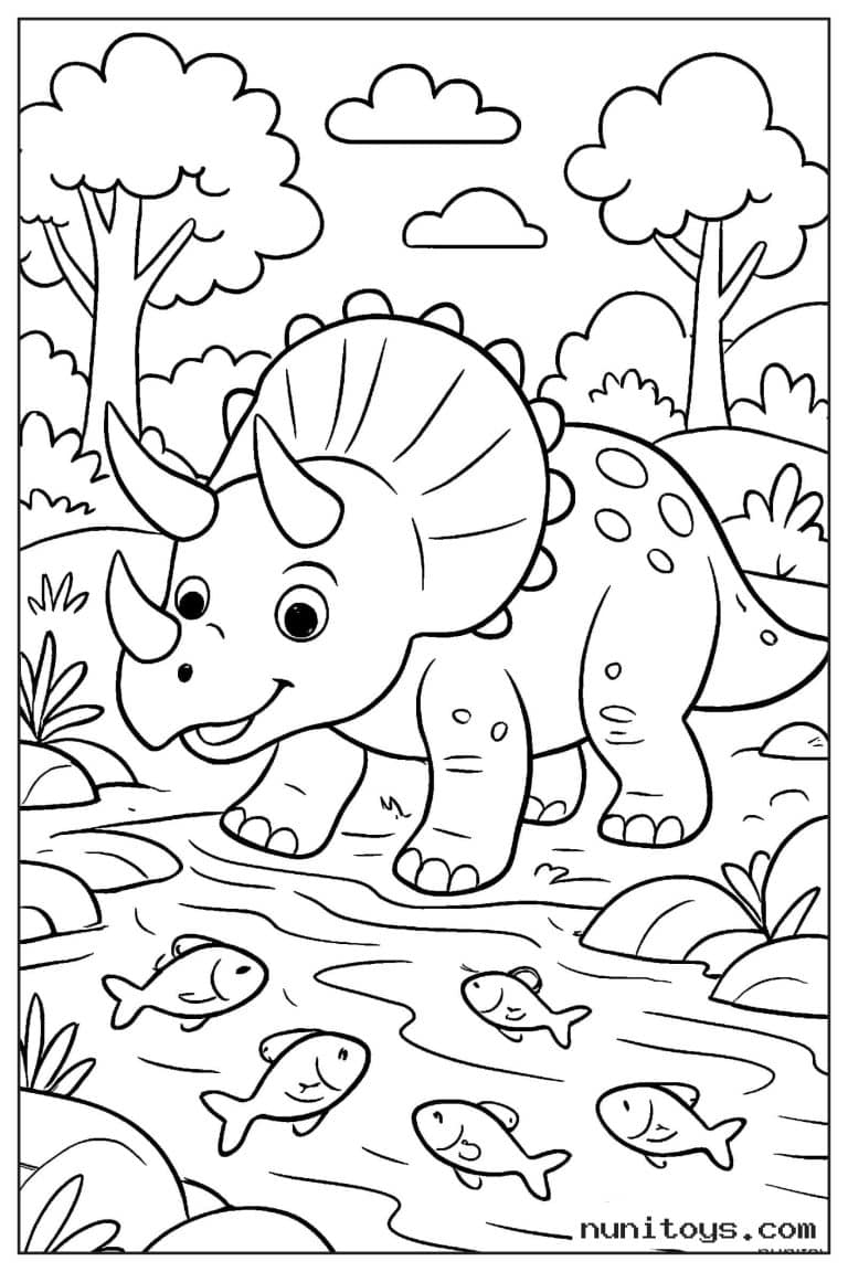 Coloriage tricératops marchant près d’un ruisseau avec des poissons