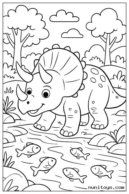 Triceratops Watching Fish in Shallow River Coloring Page