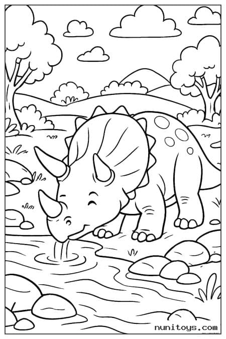 Coloriage tricératops buvant dans un ruisseau entouré de rochers