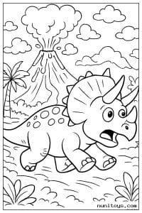 Coloriage tricératops courant devant un volcan en éruption
