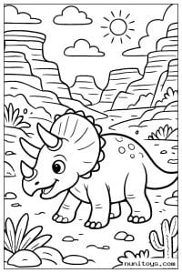 Coloriage petit tricératops marchant dans un canyon rocheux