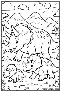 Coloriage trois tricératops de tailles différentes dans un paysage préhistorique