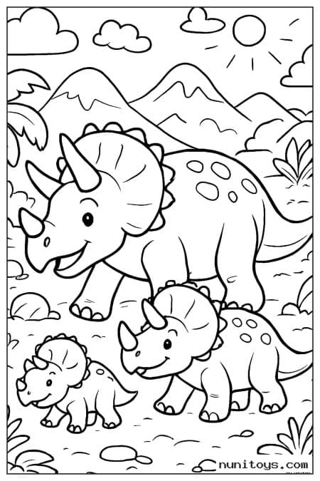 Coloriage trois tricératops de tailles différentes dans un paysage préhistorique