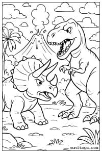 Coloriage tricératops face à un T-Rex devant un volcan