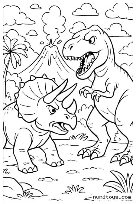 Coloriage tricératops face à un T-Rex devant un volcan
