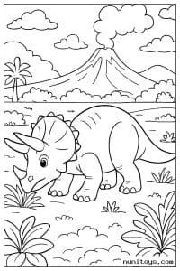 Triceratops Standing Near Volcano Landscape Coloring Page
