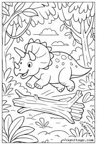 Coloriage bébé tricératops sautant au-dessus d’un tronc en forêt