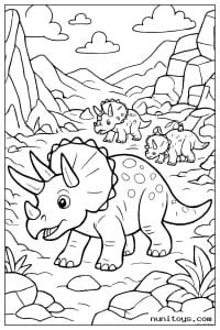 Coloriage tricératops marchant dans une vallée avec deux petits