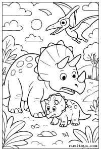Coloriage grand et petit tricératops avec un ptérosaure