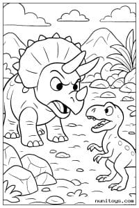 Coloriage tricératops face à un petit dinosaure bipède
