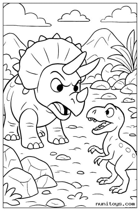 Coloriage tricératops face à un petit dinosaure bipède
