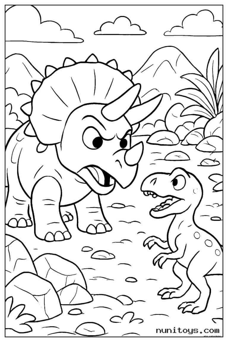 Coloriage tricératops face à un petit dinosaure bipède