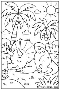 Sleeping Triceratops Resting Under Palm Trees Coloring Page