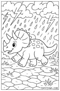 Coloriage bébé tricératops marchant sous l’orage et les éclairs