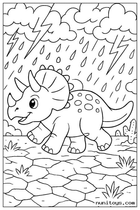 Coloriage bébé tricératops marchant sous l’orage et les éclairs