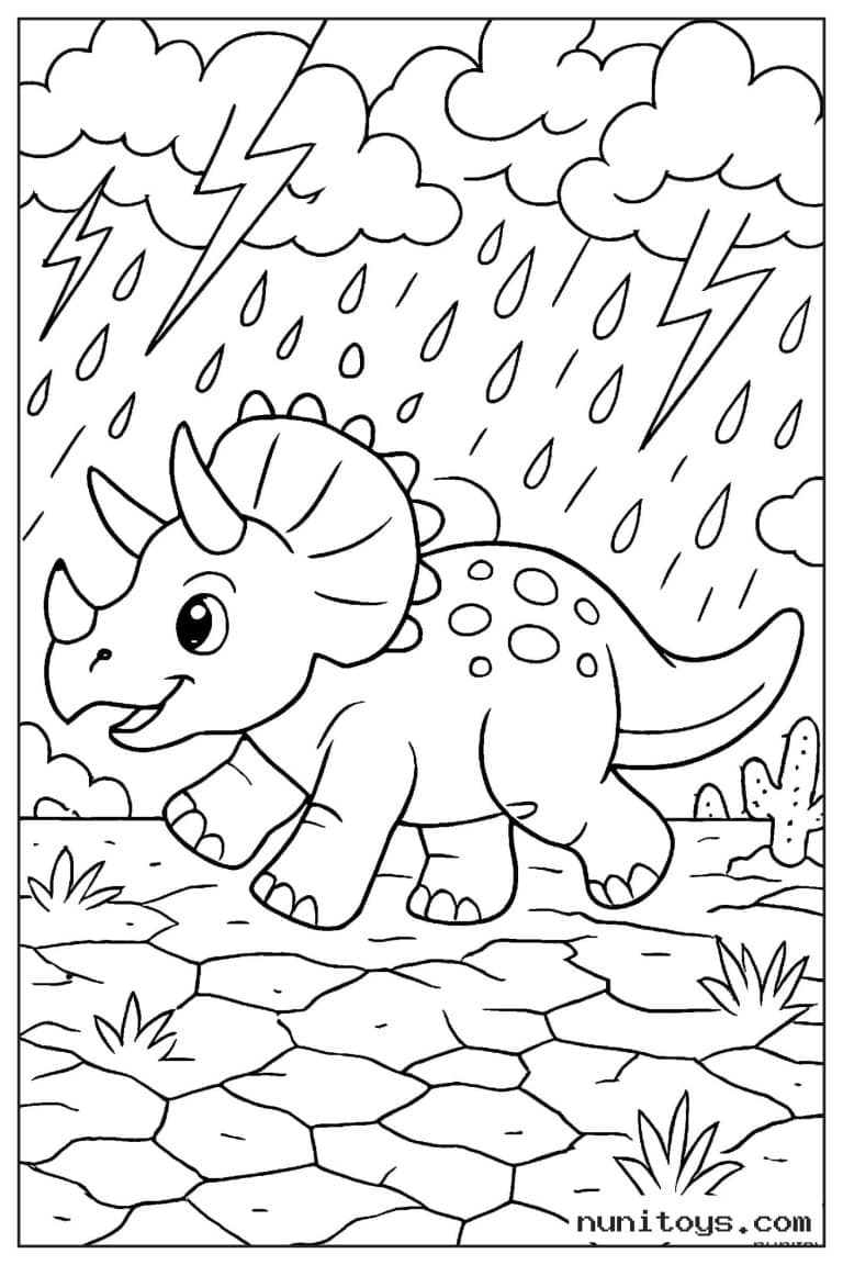 Coloriage bébé tricératops marchant sous l’orage et les éclairs