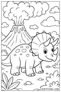 Coloriage tricératops devant un volcan fumant et des plantes