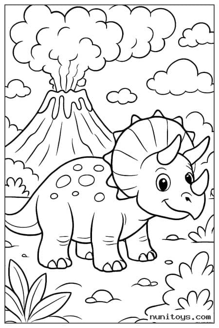 Coloriage tricératops devant un volcan fumant et des plantes