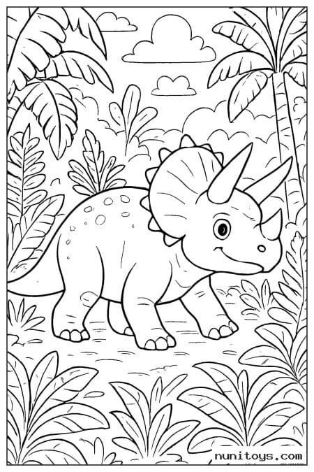 Coloriage tricératops marchant parmi de nombreuses plantes tropicales