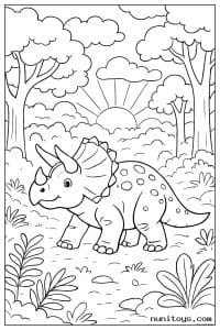Coloriage tricératops tacheté marchant dans une forêt au soleil