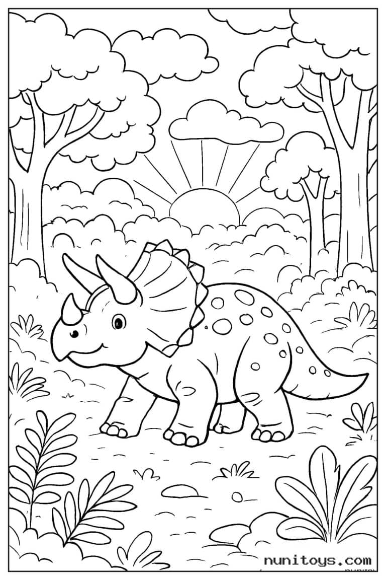 Coloriage tricératops tacheté marchant dans une forêt au soleil