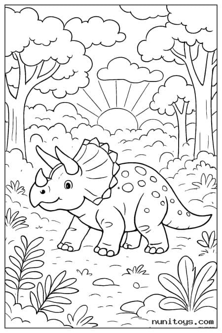 Triceratops Walking Alone Through Forest Path Coloring Page