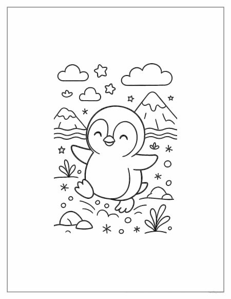 דף צביעה פינגווין תינוק משחק בשלג עם הרים ברקע