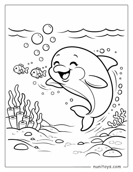 Dolphin Playing with Fish Underwater Coloring Page