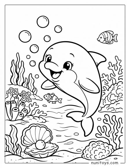 Dolphin Swimming Near Coral and Shell Coloring Page