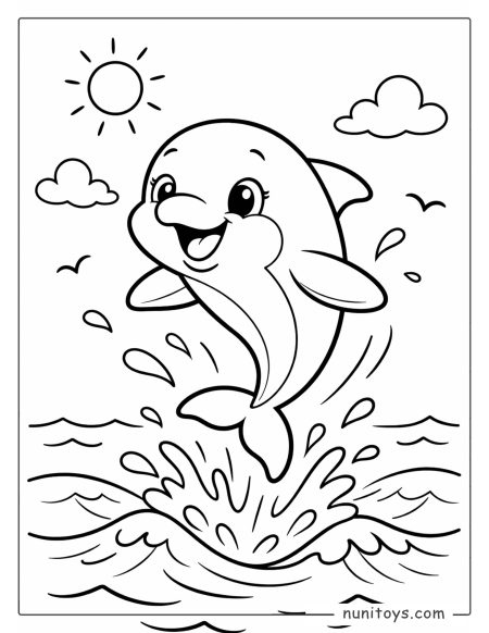 Dolphin Jumping Out of Ocean Waves Coloring Page