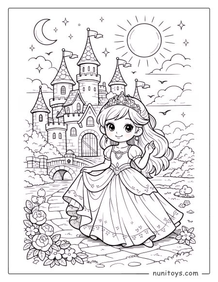 Coloriage d'une Princesse souriante devant un château enchanté sous le soleil et la lune