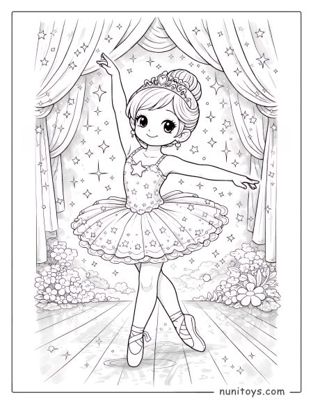 Coloriage ballerine gracieuse dansant sur une scène étoilée