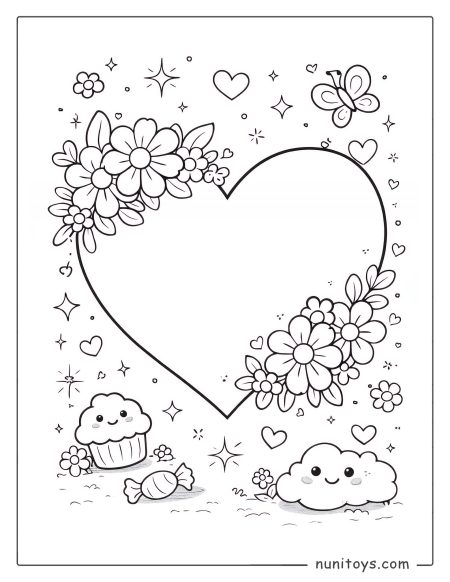 Coloriage cœur fleuri mignon avec nuages souriants et papillons