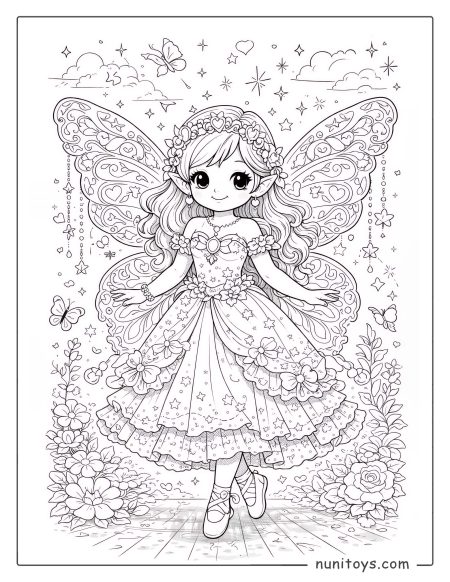 Coloriage fée magique aux ailes détaillées portant une robe étoilée