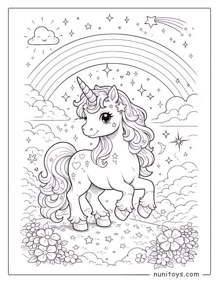 Coloriage licorne magique souriante sous un arc-en-ciel étoilé